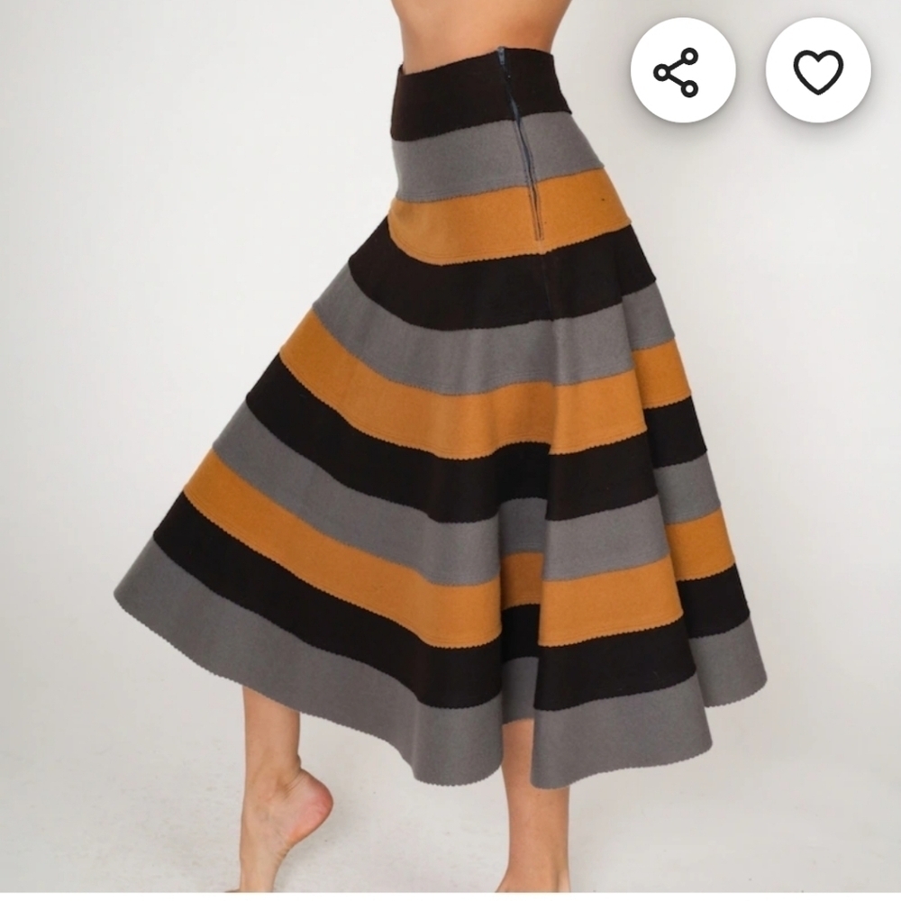 Vintage Anne Klein Striped Wool Long Skirt Black Tan Gray 90s Womens Size 4